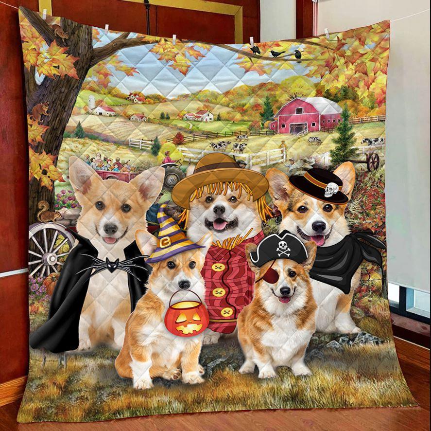 Halloween Pembroke Welsh Corgi Autumn Family T709 – Quilt Blanket