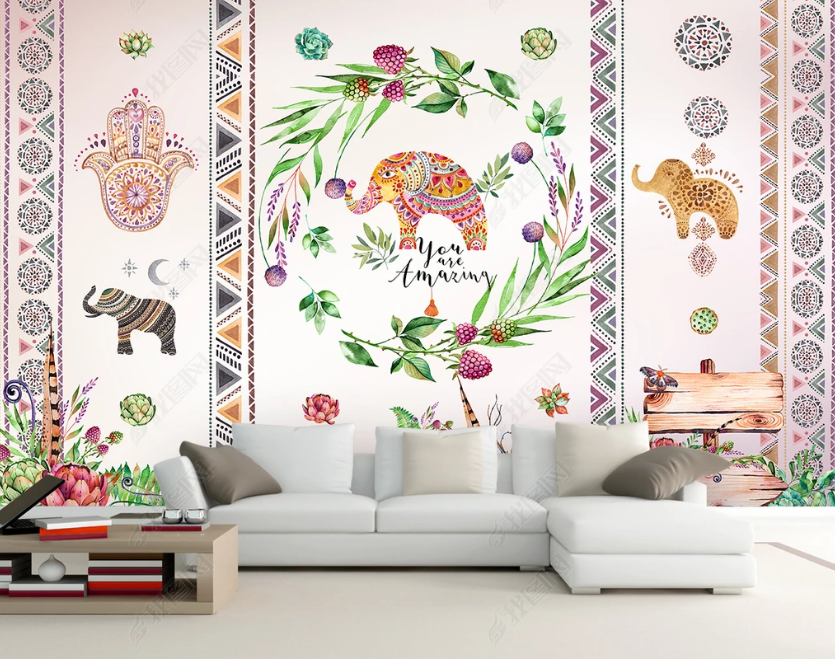 3D Hand Drawn Floral Leaf Animal Elephant Wall Mural Wallpaper Lqh 233