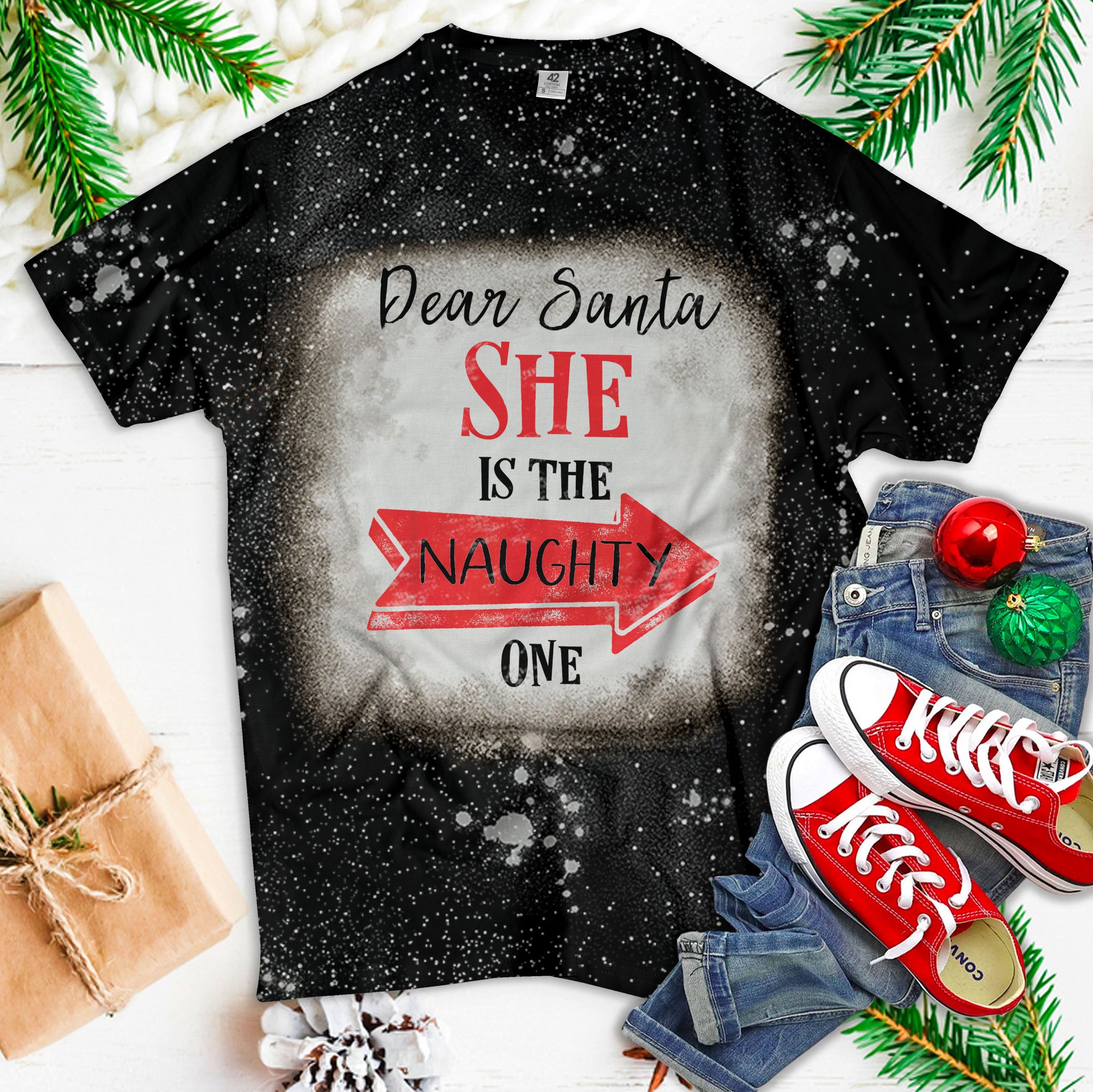 Matching Christmas Outfit For Couples She’S The Naughty One Bleached T Shirt