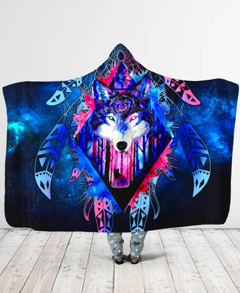 Welcomenative Wolf Galaxy Hooded Blanket, All Over Print, Native American