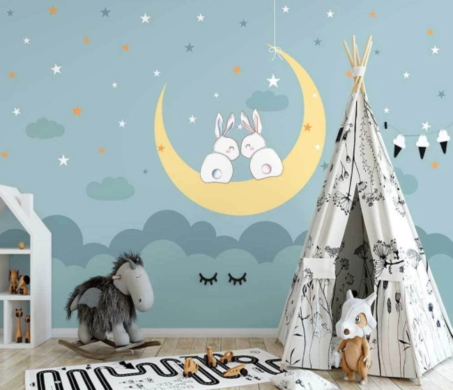 3D Cartoon Night Moon Star Cloud Bunny Animal Wall Mural Wallpaper Lxl