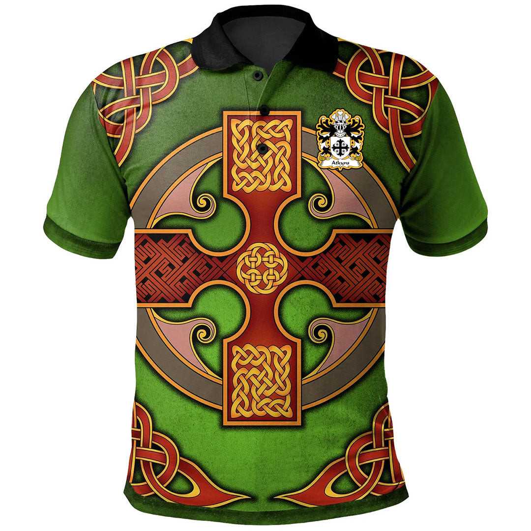1Sttheworld Wales Polo Shirt – Atkyns Of Cardigan Welsh Family Crest Polo Shirt – Vintage Celtic Cross Green – Golf Shirt A7