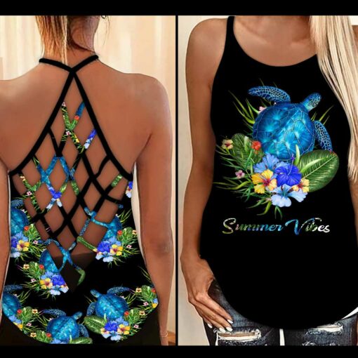 Summer Vibes Turtle Criss Cross Tank Top For Turtle Lovers, Gift For Her Gift For Turtle Lover Friend Tanktop And Legging, Animal Lovers