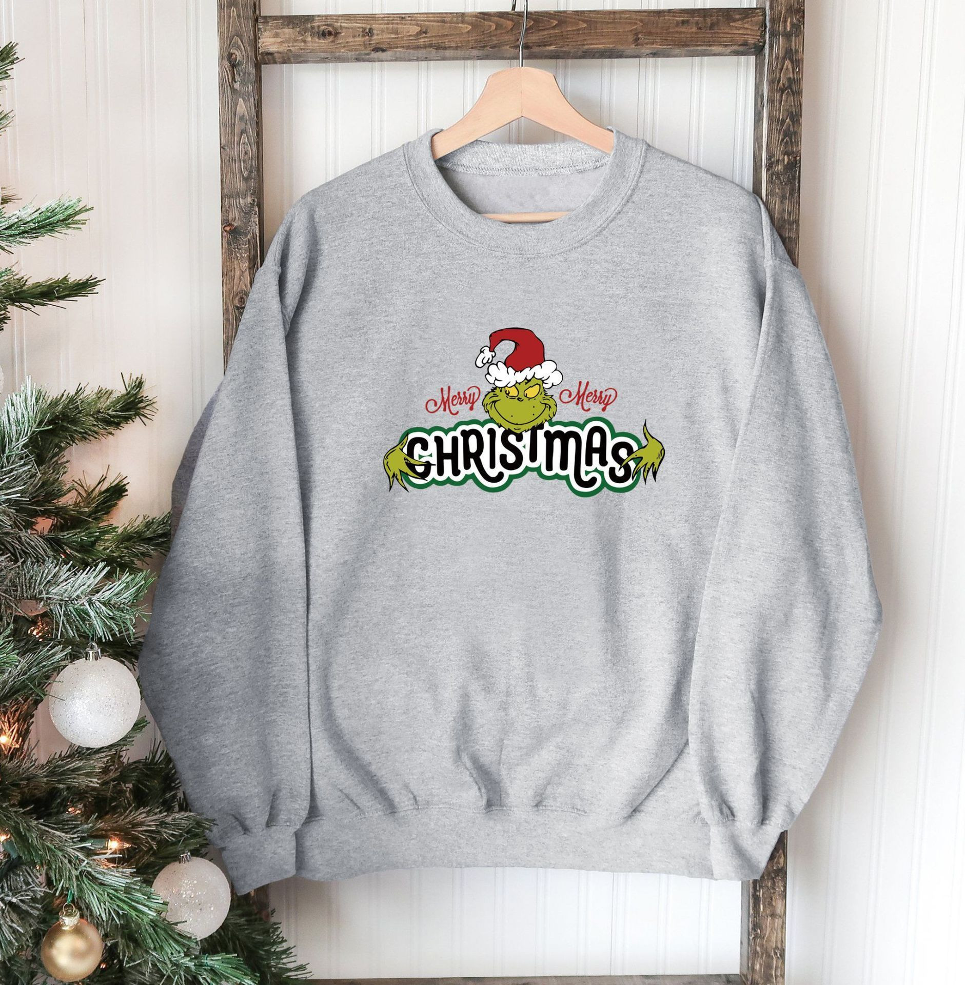 Merry Christmas The Grinch Black Gray Sweatshirt , Christmas Outfits by Flowershirts