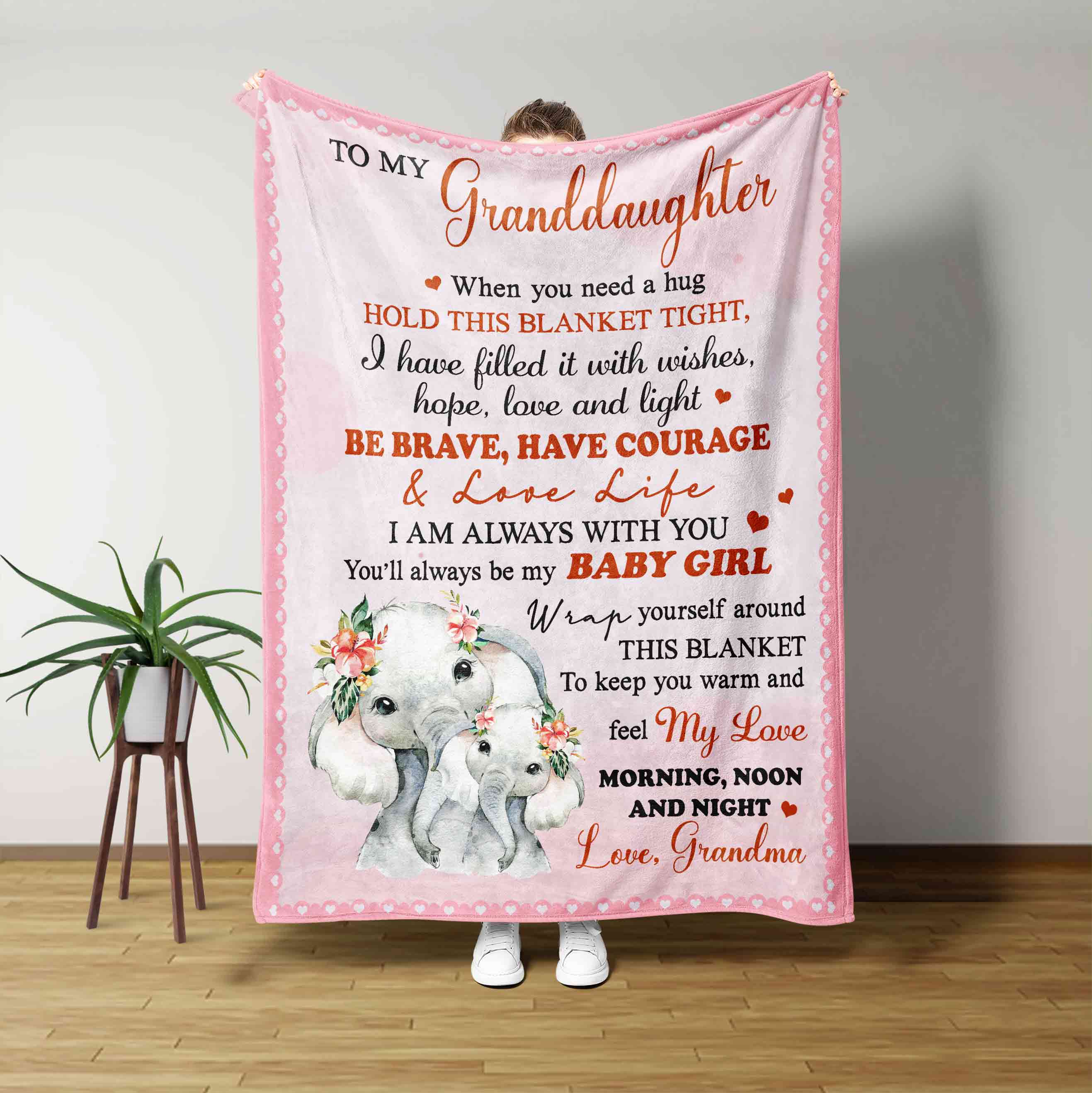 To My Granddaughter Blanket, Elephant Blanket, Flower Blanket, Family Blanket, Custom Name Blanket, Gift Blanket