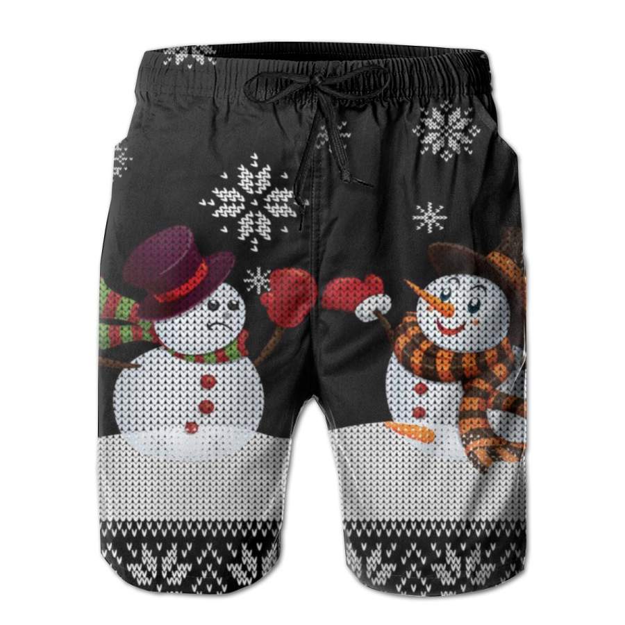 2 Pack Funny Winter Snowman Ugly Christmas Poster Men Swim Trunks Drawstring Elastic Waist Quick Dry Beach Shorts with Mesh Lining Swimwear Bathing Suits