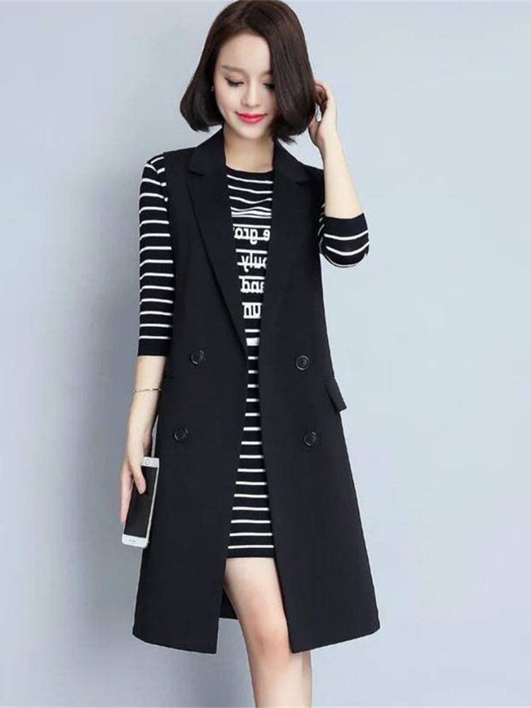 2022 Korean Black Vest Women’s Mid-Length Korean Spring Autumn New Suit Waistcoat Sleeveless Jacket Trend Outerwear Female Vest alx