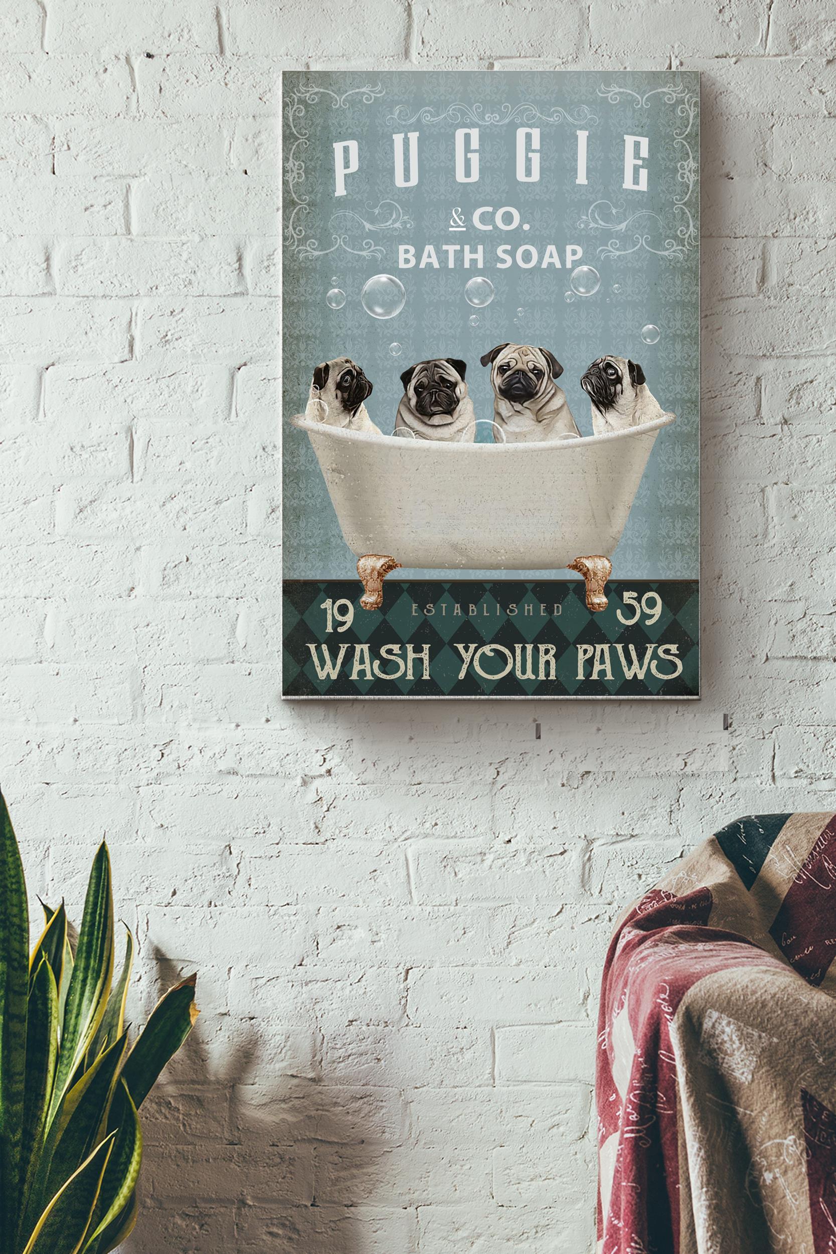 Puggie Co. Bath Soap Poster – Animal Wall Art – Gift For Bathroom Decor, Dog Lover, Dog Foster Wrapped Canvas