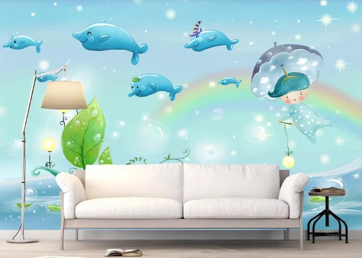 3D Cartoon Dolphin Sky Rainbow Wall Mural Wallpaper Lqh 548