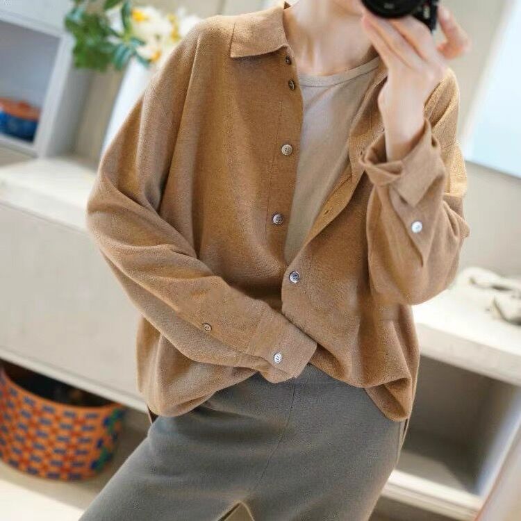 Cashmere knitted shirt, women’s long sleeve sweater, loose, round collar outside, casual, cashmere sweater inside, sweater coat alx