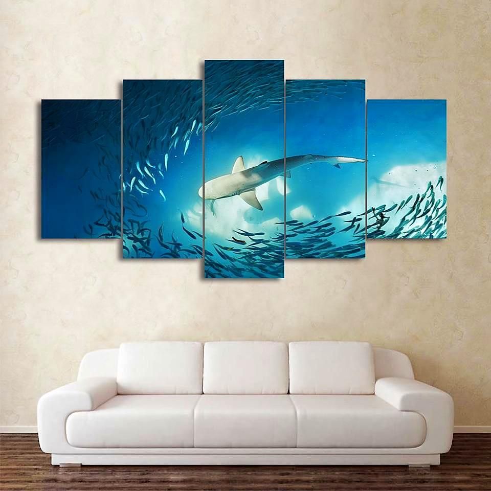 Shark Painting Cluster Of Fish Deep Blue Ocean Ocean 5 Panel Canvas Art Wall Decor