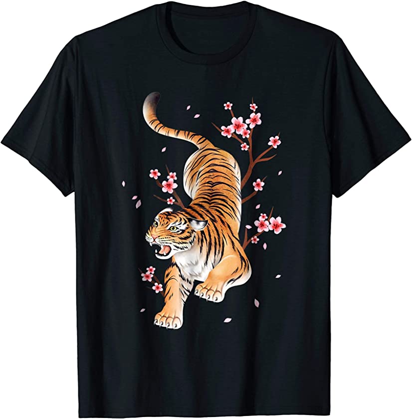 Vintage Tiger Japanese Cherry Blossom Flower T Shirt