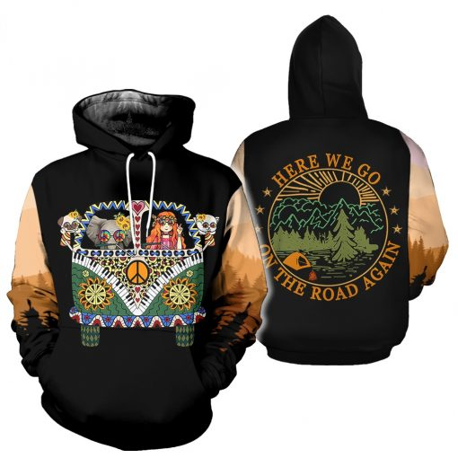 Hippie Hoodie Here We Go On The Road Again Hippie Van Elephant Black Hoodie Apparel Adult Full Size Full Print