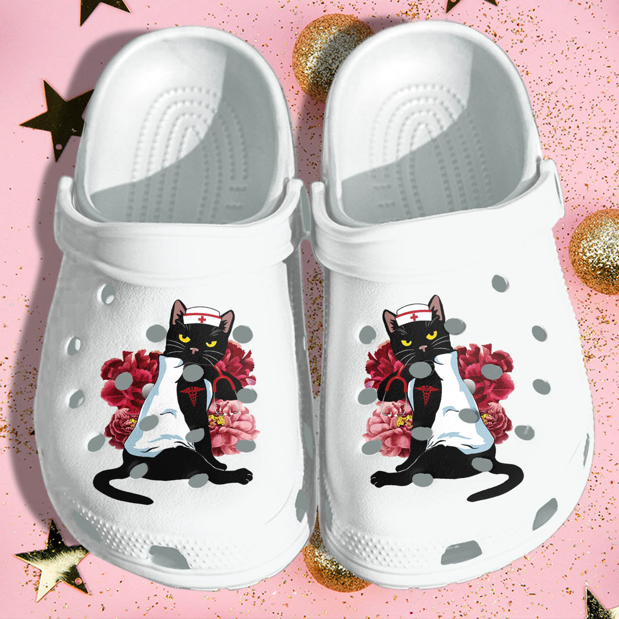 Nurse Shoes Crocs Black Cat Nurse Lover Flower Tattoo Shoes For Men