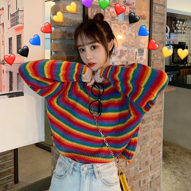 Sweaters Women New Trendy Rainbow Striped College Girls Crop Jumpers Korean Basic Winter Leisure All-match Lovely Femme Knitwear alx