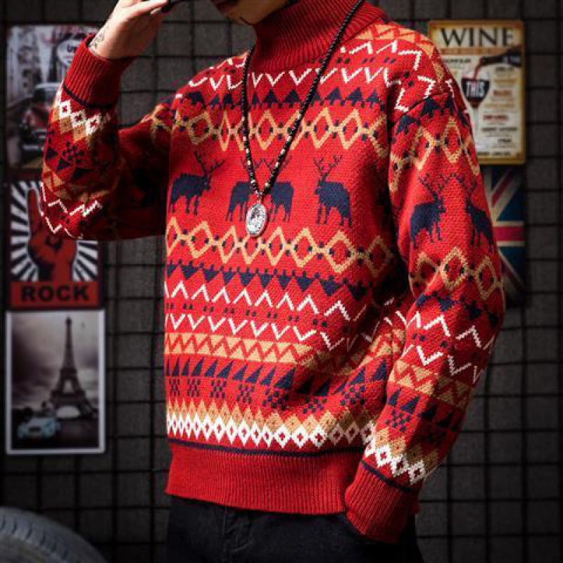 Winter Fashion Sweater Knitwear Unisex Streetwear Jersey Pull Homme Sweater Christmas Printed Deer Height O-neck Vintage Sweater alx