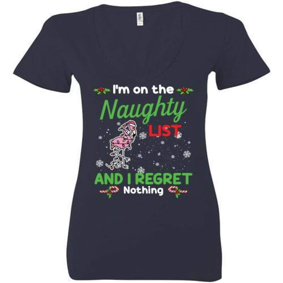 I’m On The Naughty List And I Regret Nothing Flamingo Christmas Ladies Deep V-Neck