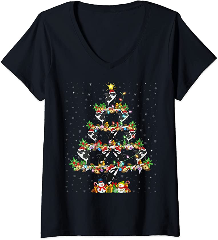 Womens Orca Fish Xmas Tree Lights Funny Santa Orca Christmas V-Neck T-Shirt