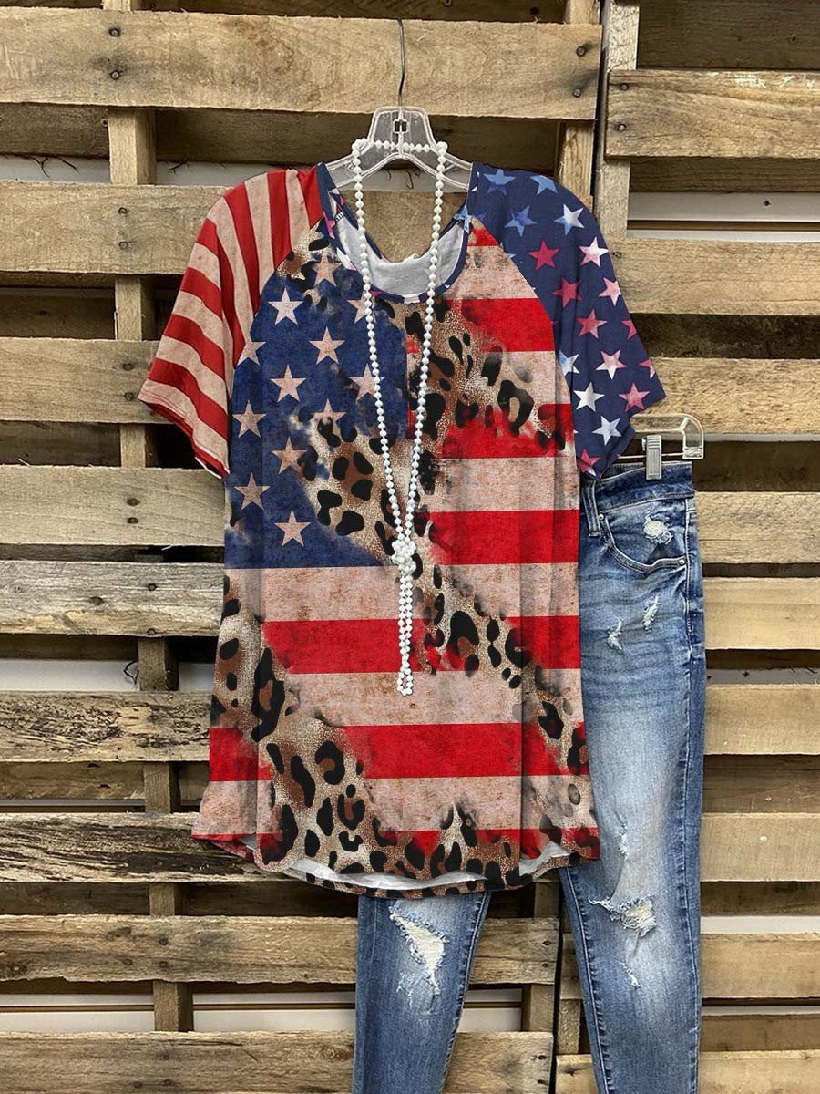 Women’S Distressed American Flag Leopard Print Casual T-Shirt