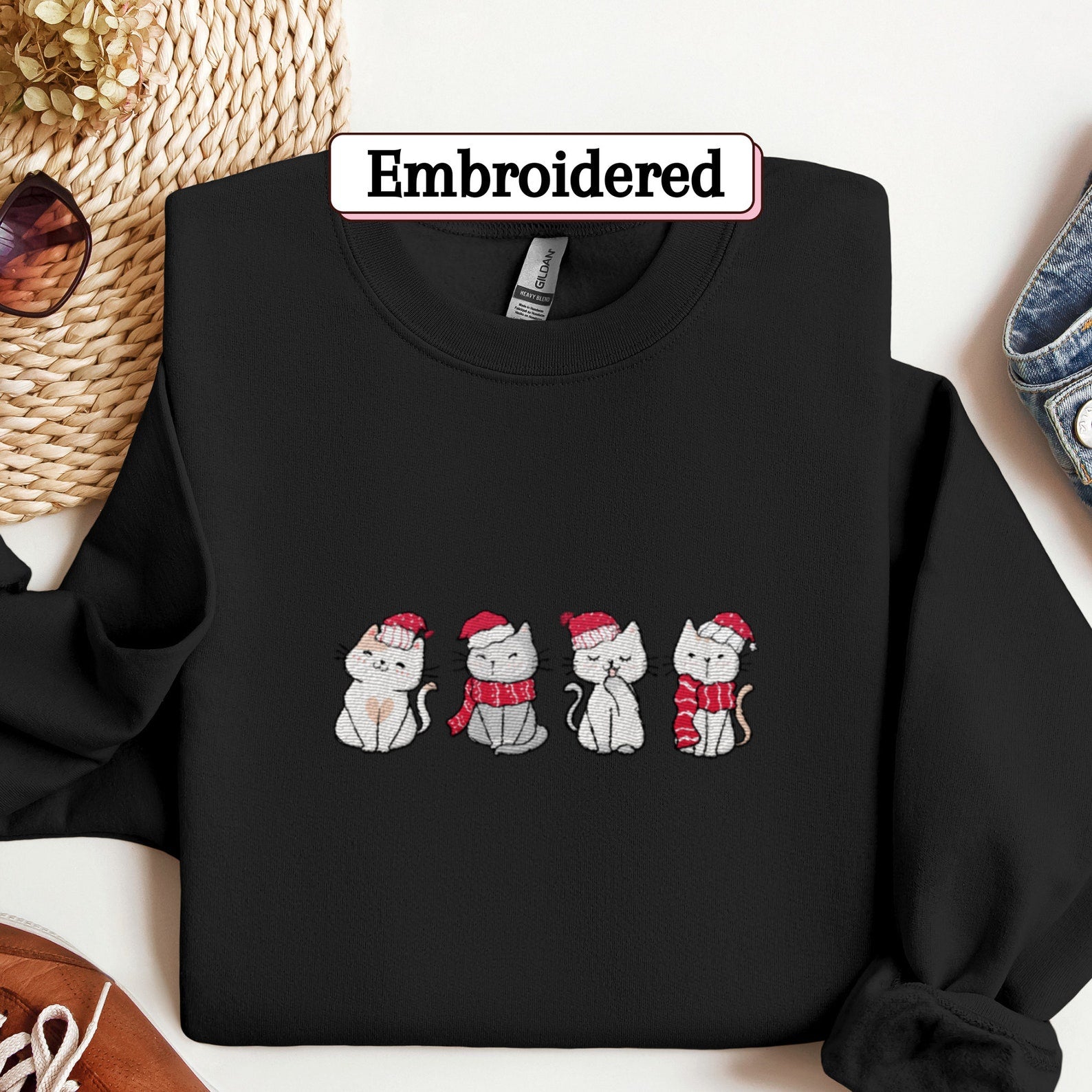 Christmas Cat Embroidered Sweatshirt 2D Crewneck Sweatshirt All Over Print Sweatshirt For Women Sweatshirt For Men Sws5199