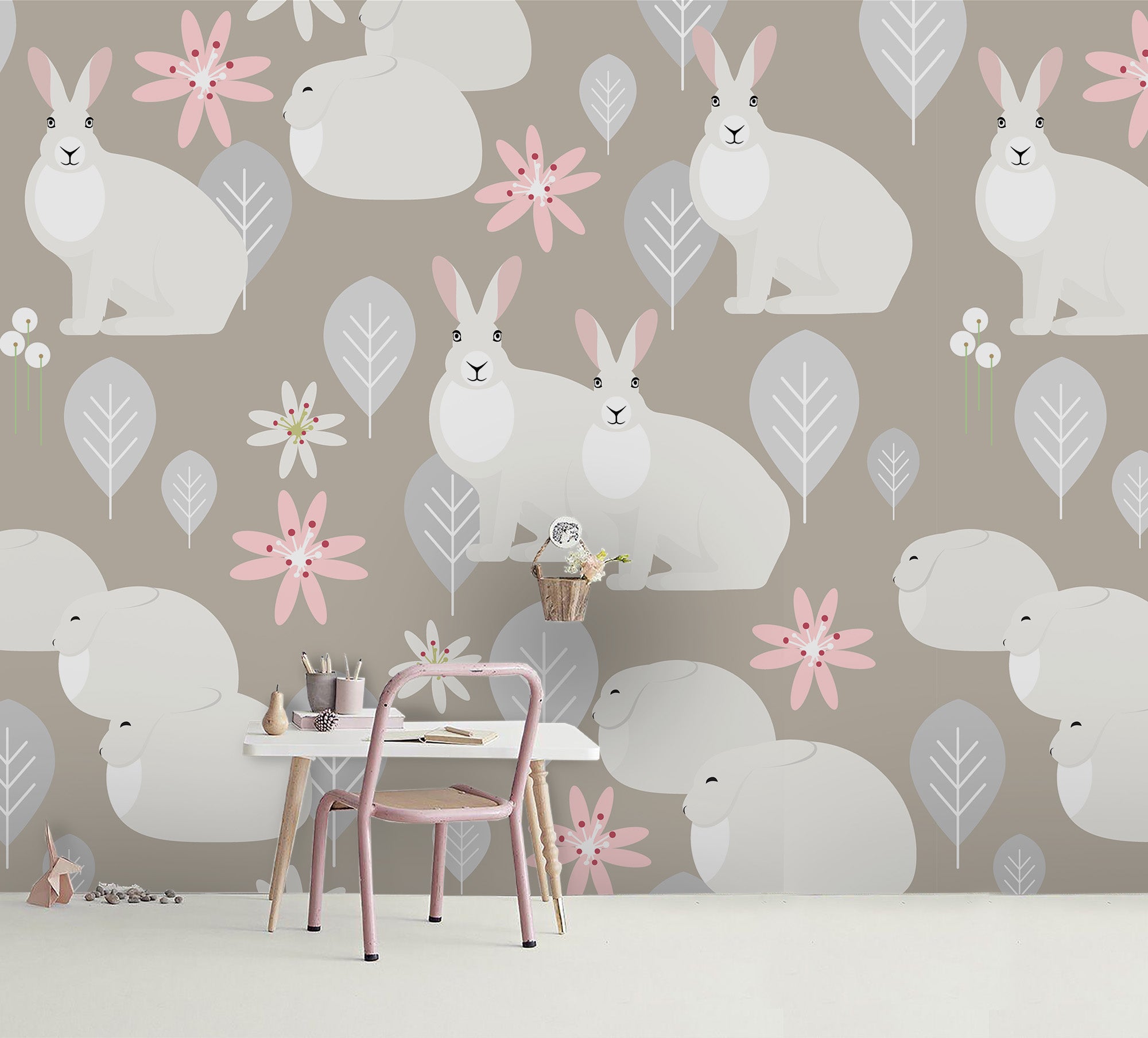 3D Cartoon Grey Rabbit Tree Wall Mural Wallpaper 97