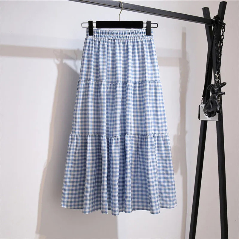 Summer Women’s Skirt Korean Kawaii Cute Pleated Midi Skirt Black Ladies High Waist Plaid Vintage Basic Elegant Chic Puffy Skirts alx