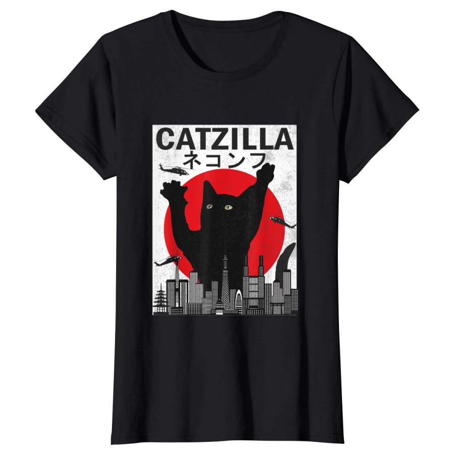 Vintage Catzilla Japanese Sunset Style Cat Kitten Lover Women’s T-Shirt