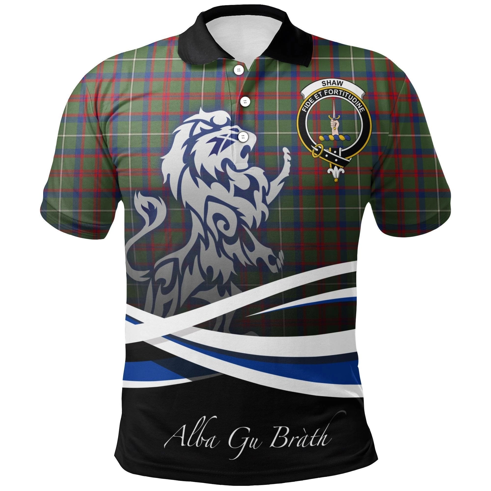 Shaw Green Modern Clan Polo Shirt, Scottish Tartan Shaw Green Modern Clans Polo Shirt Crest Lion Style