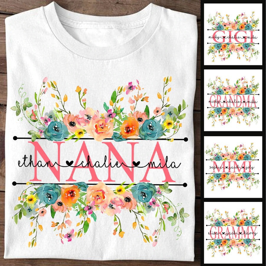 Customized Bright Watercolor Floral Nana And Grandkids T Shirt