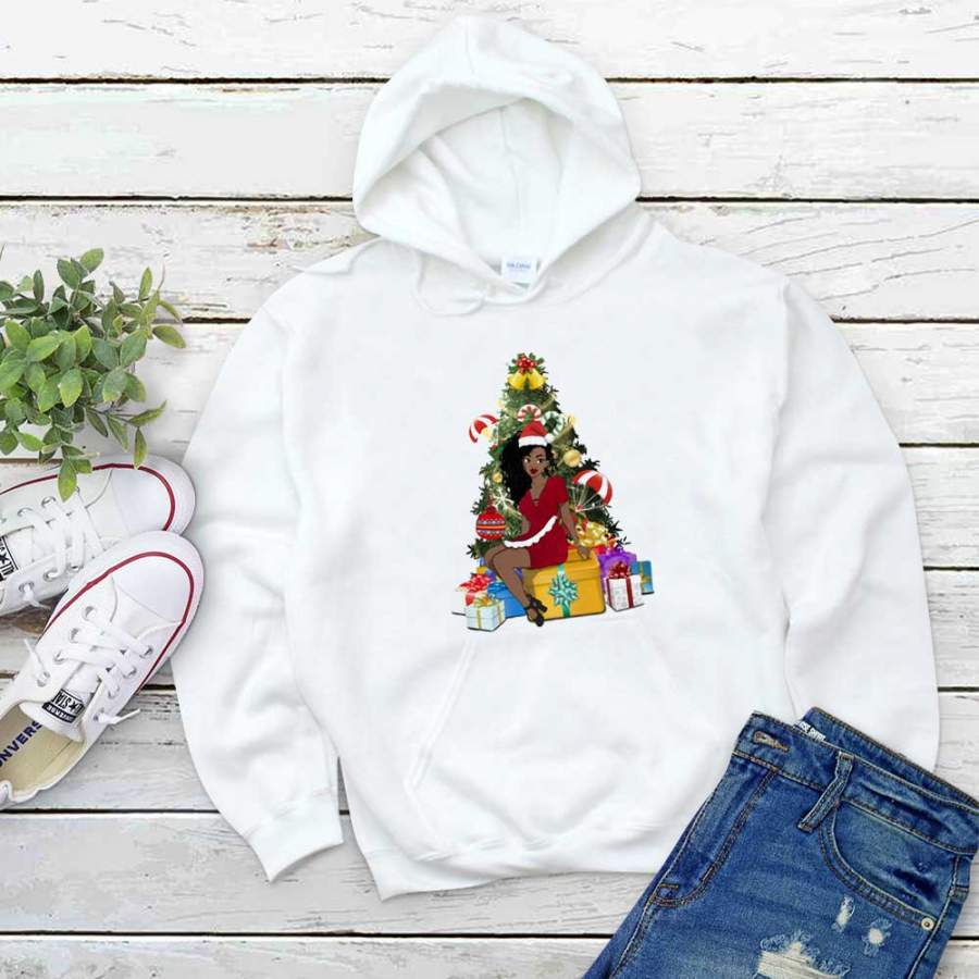 Black women cute claus christmas gift candy cane merry christmas white hoodie for men and women S-5XL