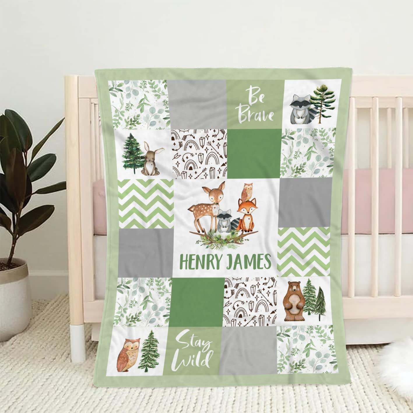 Personalized Woodland Nursery Blanket, Light Woodland Animals Blanket, Baby Boy Woodland Blanket