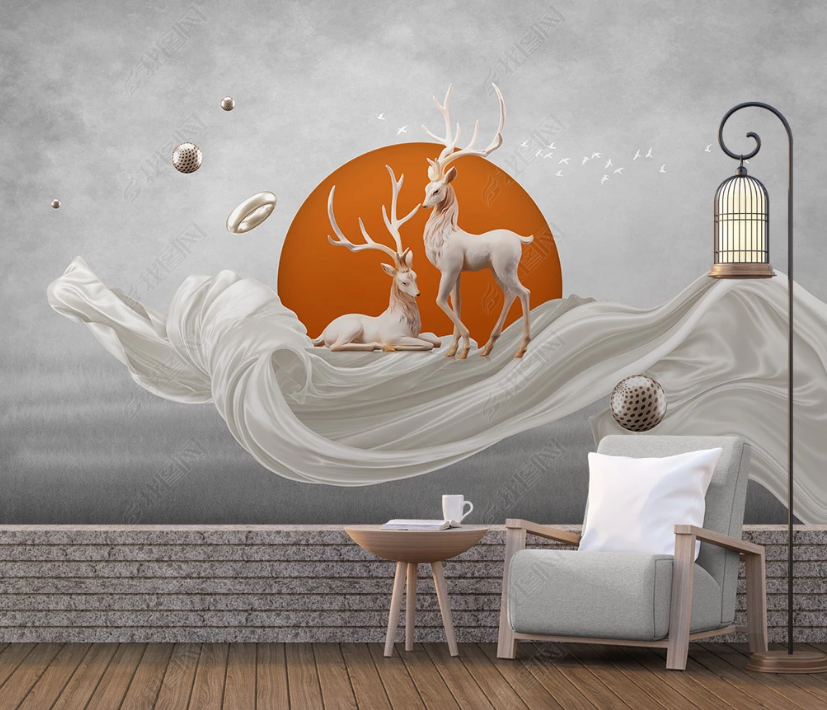 3D Abstract Orange Sun Bucks Animal Background Wall Mural Wallpaper Lxl