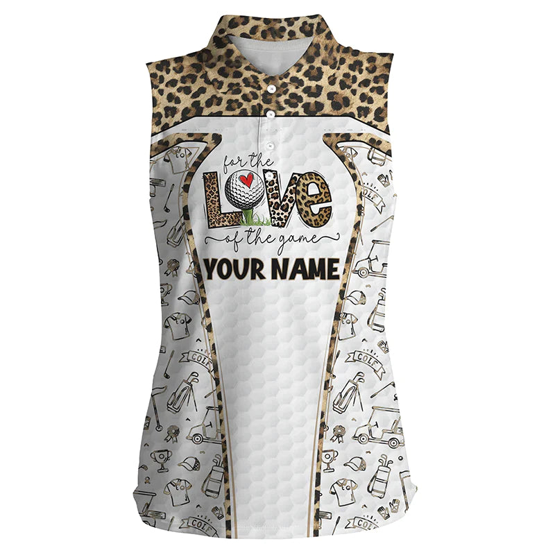 Womens Sleeveless Polo Shirt, Custom Name For The Love Of The Game Leopard Pattern Golf Shirts