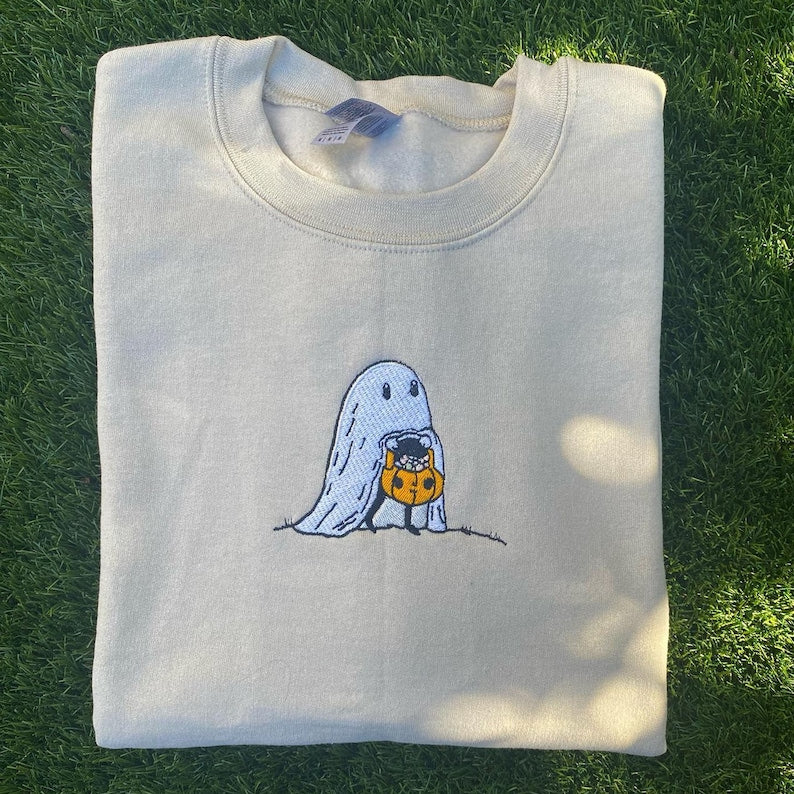 Cute Little Ghost Halloween Embroidered Sweatshirt 2D Crewneck Sweatshirt All Over Print Sweatshirt For Women Sweatshirt For Men Sws4123