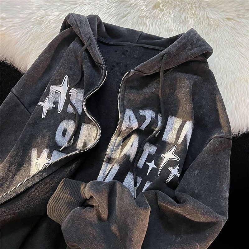 American Vintage Old Letters Printed Zipper Hoodies Cardigan Women’s Street Trendy Hundred With Sweatshirt Couples Casual Hoodie alx