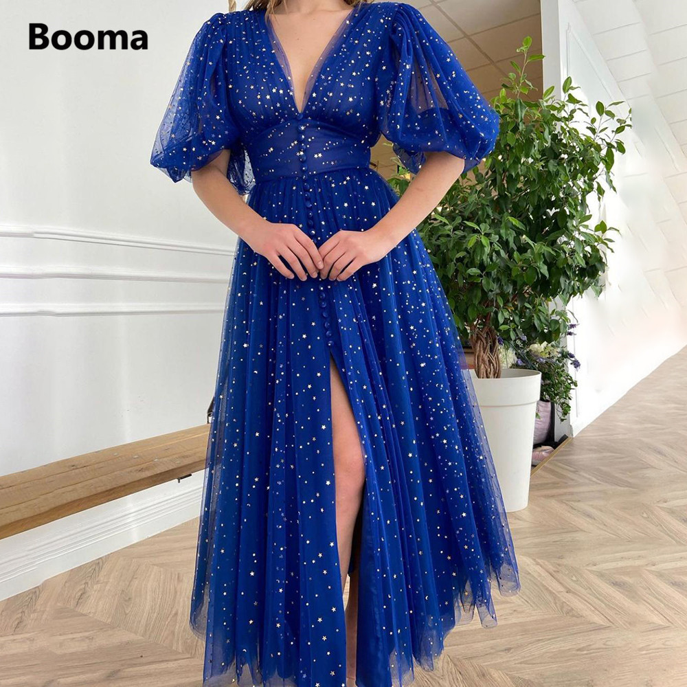 Booma Cobalt Blue V-Neck Prom Dresses Mid Puff Sleeves Starry Tulle Split Prom Gowns Buttoned Tea-Length A-Line Formal Gowns alx