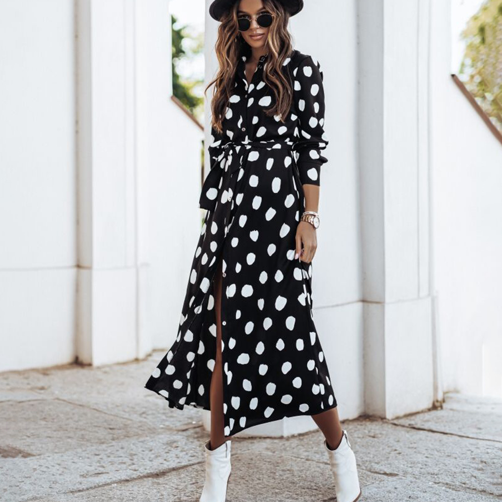 Autumn Long Sleeve Polka Dot Maxi Shirt Dress Women 2021 Casual Floral Button Vintage Office Long Dresses For Woman Robe Femme alx