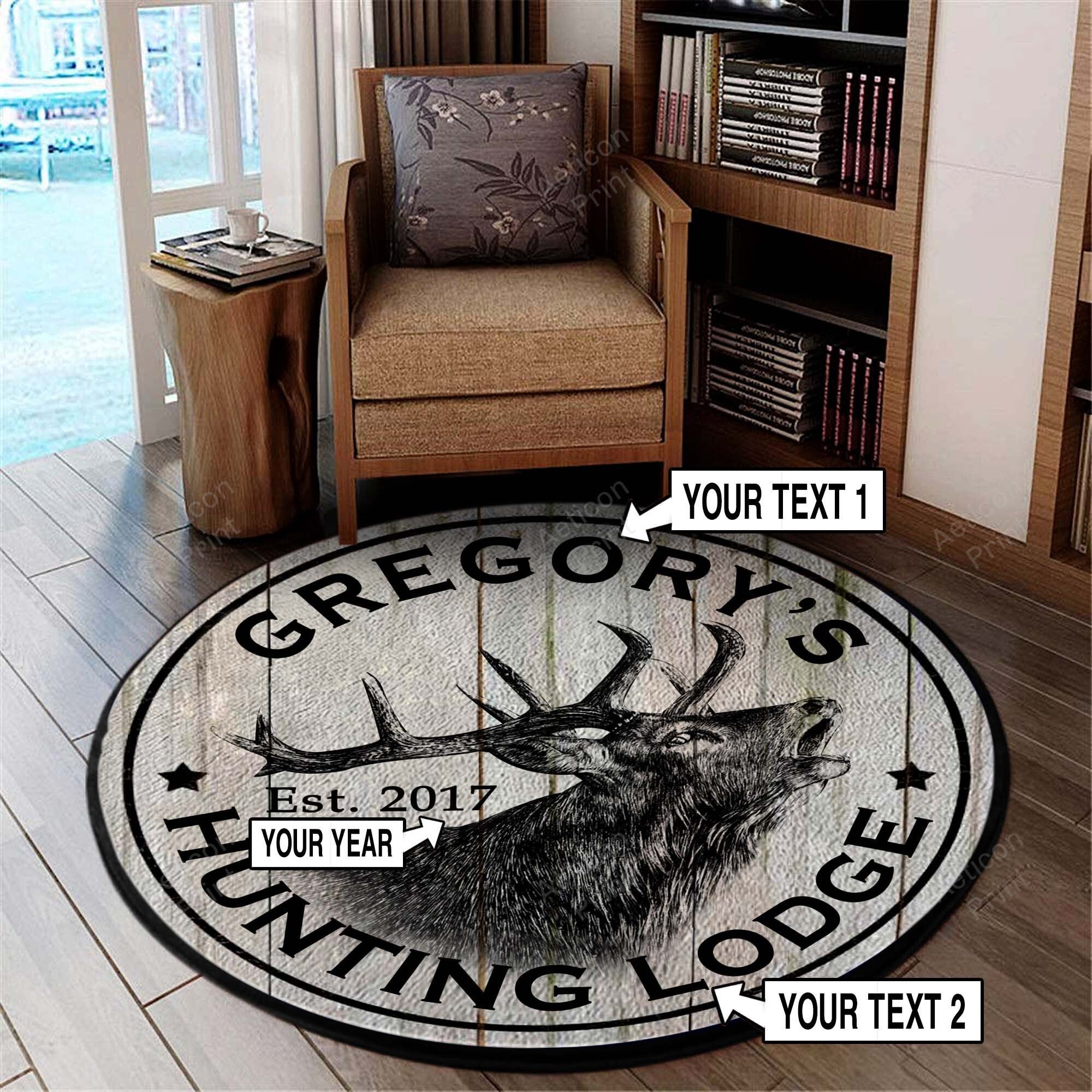 Deer Hunting Lodge Rustic Round Rug, Carpet Living Room Round Mat Circle Rug Kitchen Rugs Round Rugs Teesummer
