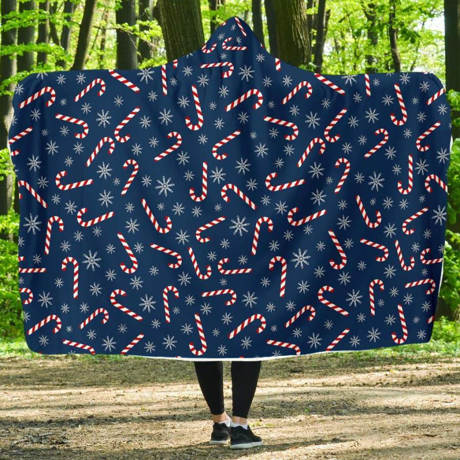 Snowflake Candy Cane Pattern Print Hooded Blanket