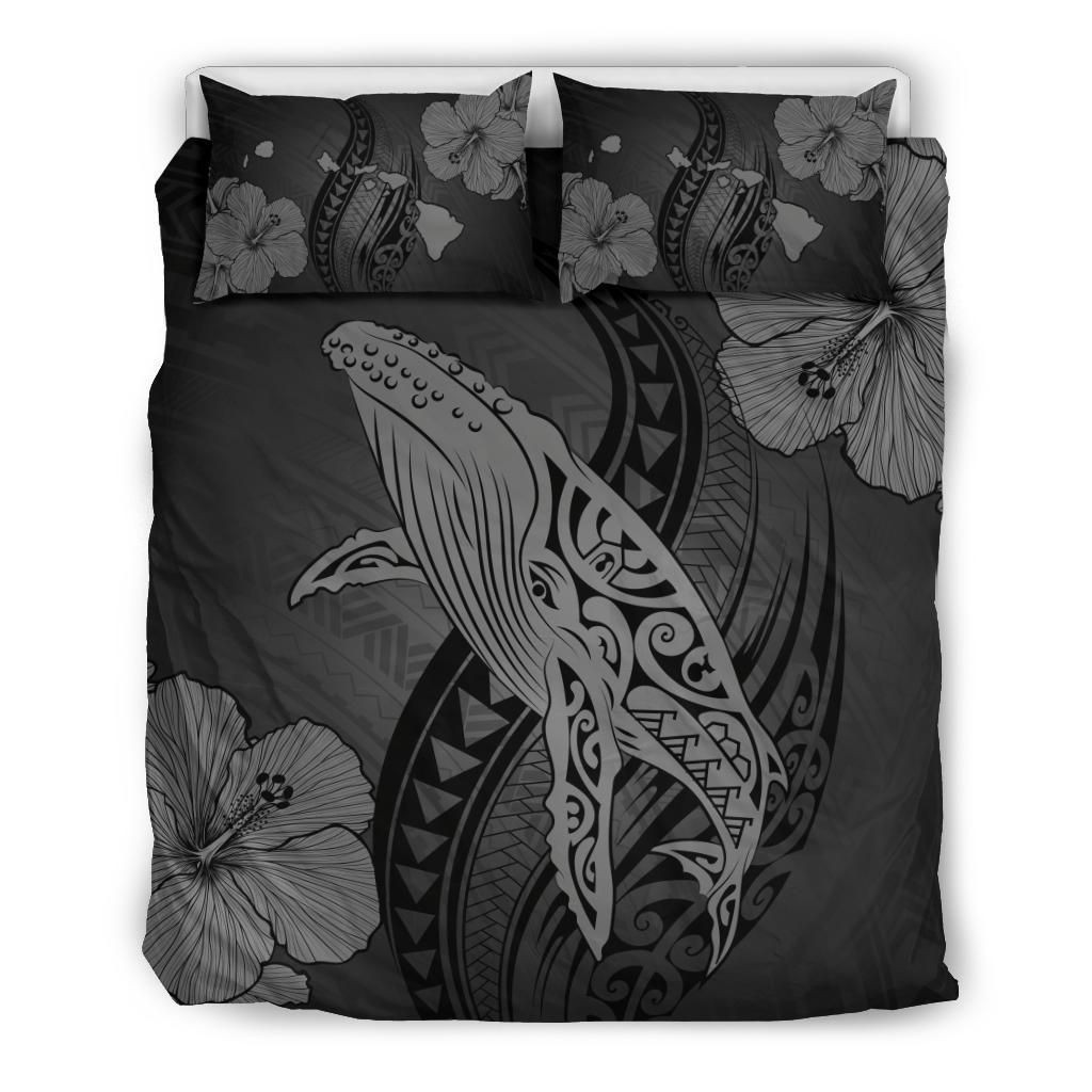 Alohawaii Bedding Set – Cover And Pillow Cases Hawaiian Map Whale Swim Hibiscus Polynesian – Gray – Ah J9