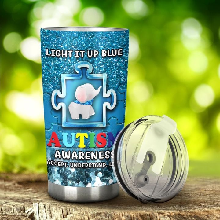 Autism Awareness Elephant Light It Up Blue Stainless Steel Skinny Tumbler Bulk, Double Wall Vacuum Slim Water Tumbler Cup With Lid, Reusable Metal Travel Coffee Mug