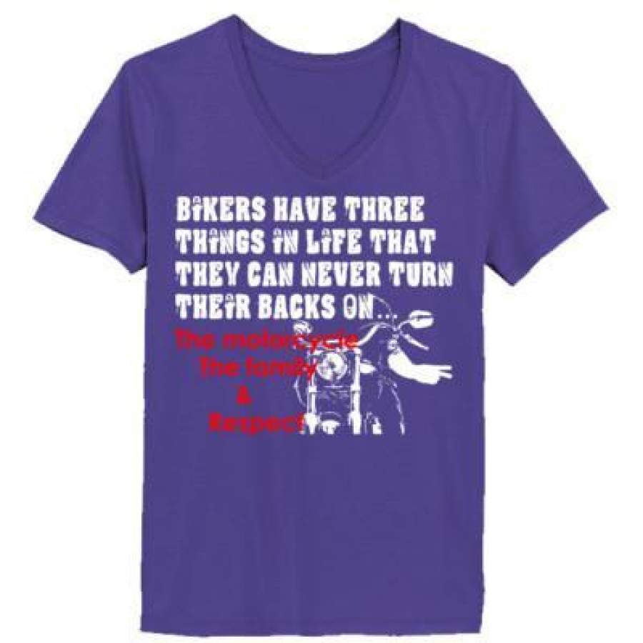 AGR Bikers Have Three Things In Life That They Can Never Turn Their Backs On Motorcycle Family And Respect – Ladies’ V-Neck T-Shirt