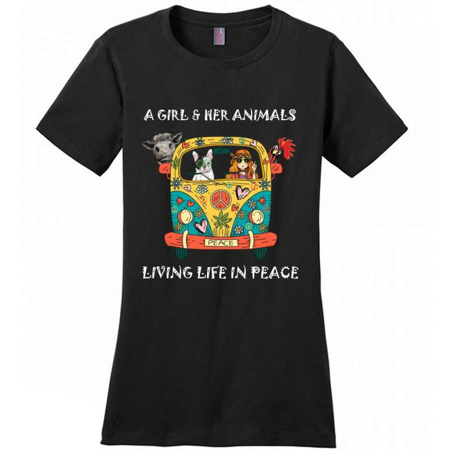 A Girl And Her Animals Living Life In Peace, Hippie Car Heifer Chicken Dog Lover – District Made Women Shirt