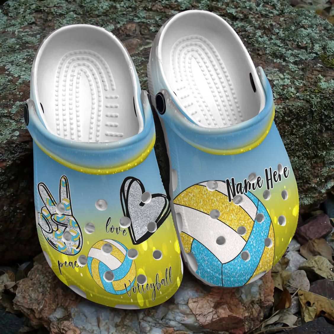 Volleyball Personalized Personalize Clog, Custom Name, Text, Fashion Style For Women, Men, Kid, Print 3D Whitesole Peace Love Volleyball