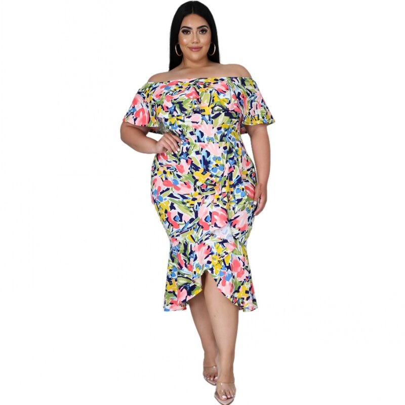 4XL 3XL Plus Size Mermaid Dresses Women’s Clothing Off The Shoulder Robes Summer New Floral Print Elegant Oversize Dress alx