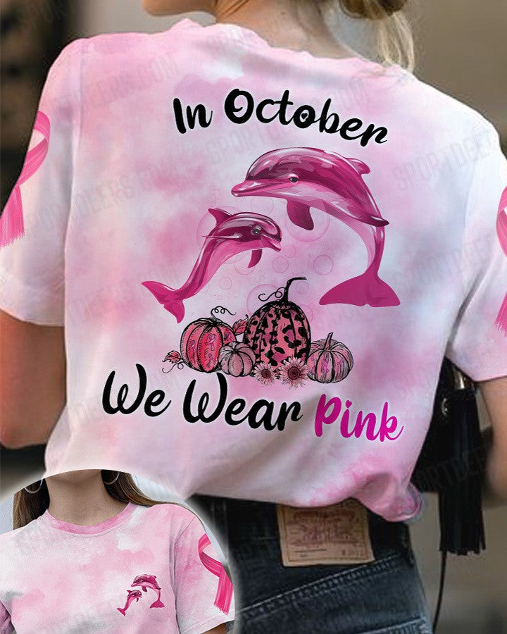 Breast Cancer Awareness Dolphin In October We Wear Pink – All Over Print T-Shirt S M L Xl 2Xl 3Xl 4Xl 5Xl