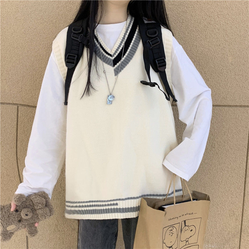 Striped Sweater Vests Women Autumn Preppy V-neck Loose PopularAll-match Unisex BF Korean Causal Sleeveless Knitwear Students alx