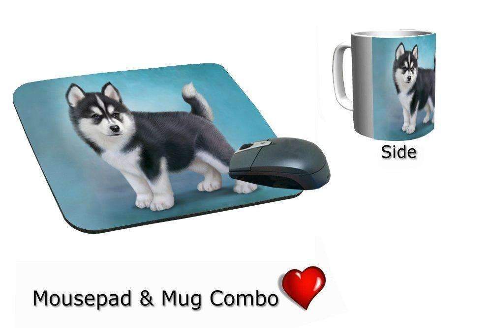 Black And White Siberian Husky Puppy Dog Mug & Mousepad Combo Gift Set