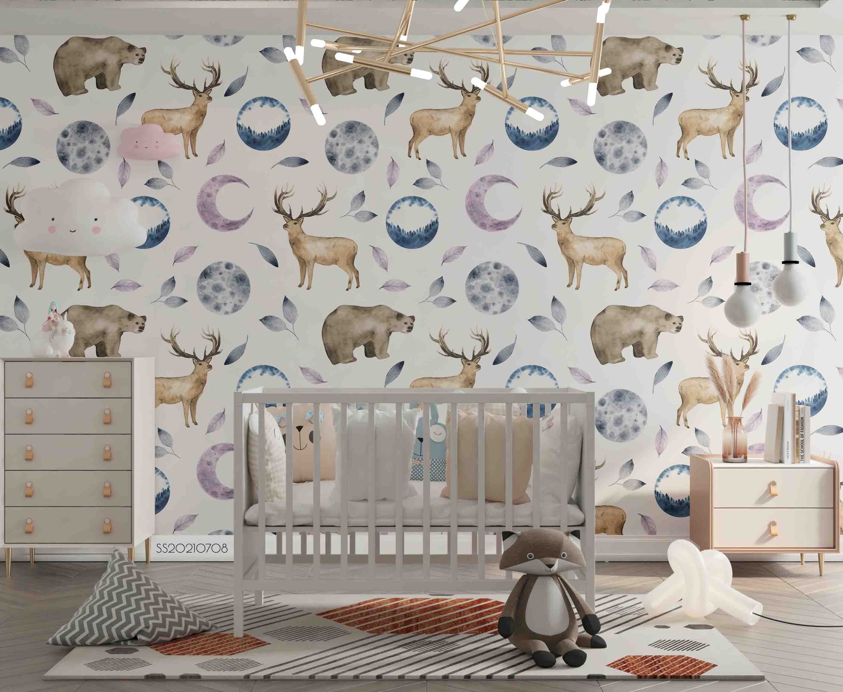 3D Hand Drawn Animal Elk Bear Moon Wall Mural Wallpaper Lqh 81