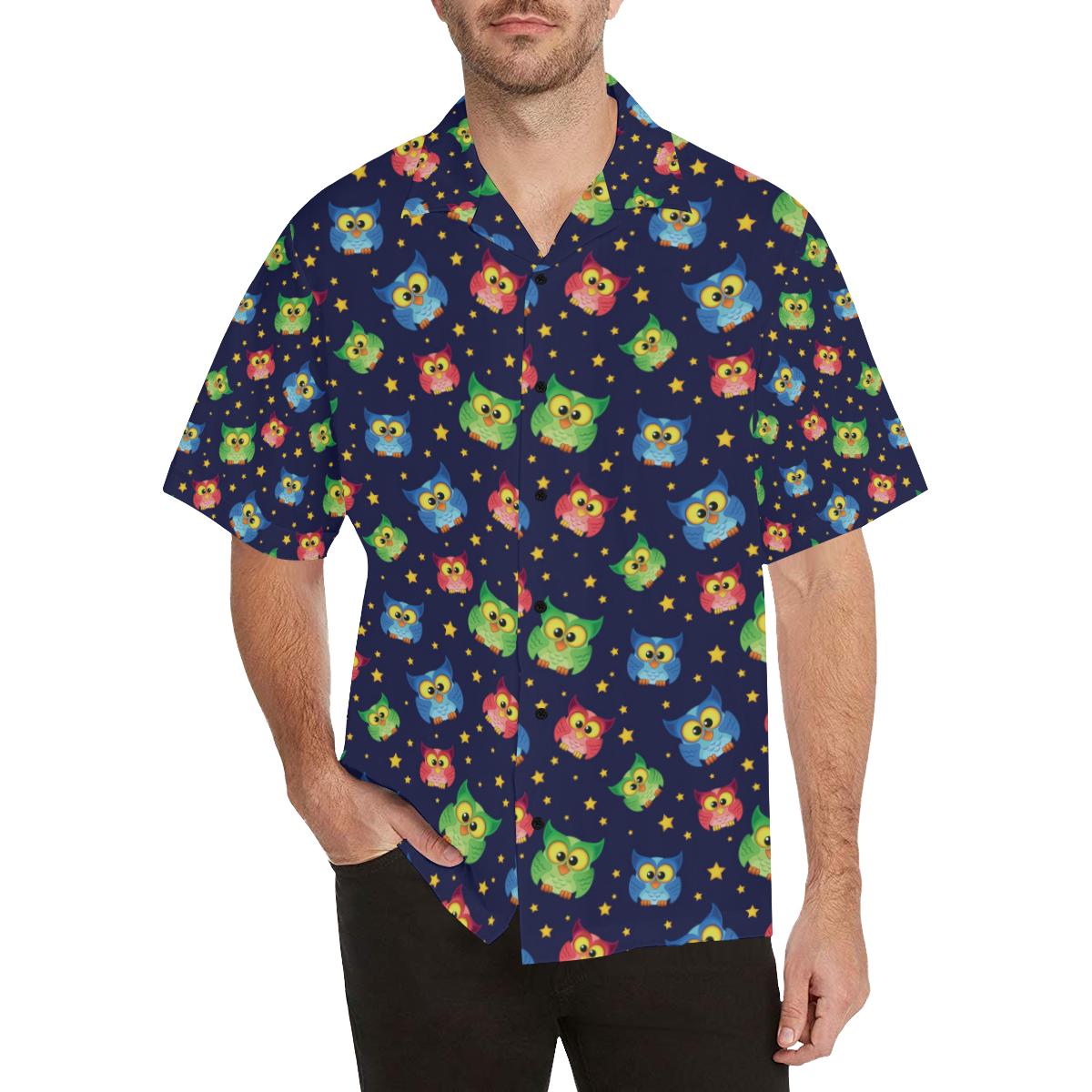 Owl With Star Themed Design Print Hawaii Unisex Aloha Short Sleeve Casual Shirt Ha1960